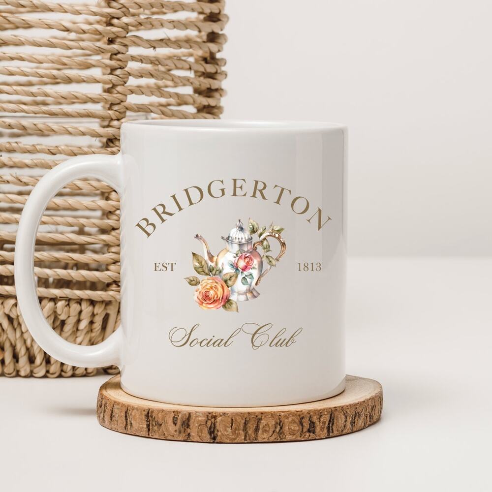 Bridgerton 15 oz Coffee Mug TV Show Social Club Teapot Floral Society Papers 08